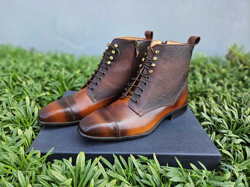 Brogue-Style Cap Toe Leather Boots for Men