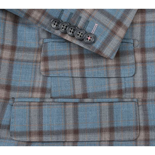 Wool Stretch Double Breasted Slim Fit Blue Grey and Bronze Suit