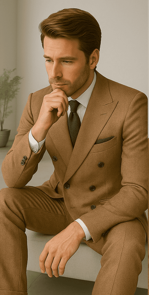 Wool Suit - Italian Made Business Suit by Statement Men's 100% Wool 2 Piece Double Breasted Suit - Subtle Windowpane