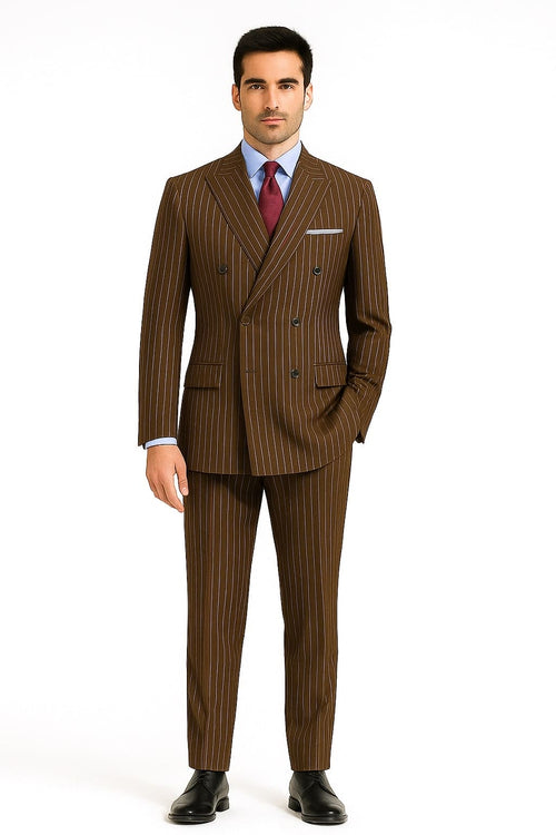 Men's brown pinstripe double-breasted suit with six-button design. Features contrasting pinstripes and smooth fabric. Includes a fitted blazer with notch lapel and straight-cut trousers for a tailored, polished look.