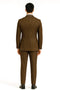 Men's brown pinstripe double-breasted suit. Classic 6-button design, tailored fit. Vertical pinstripes. Structured jacket with flapped pockets and notched lapel. Straight-leg trousers. Formal style.