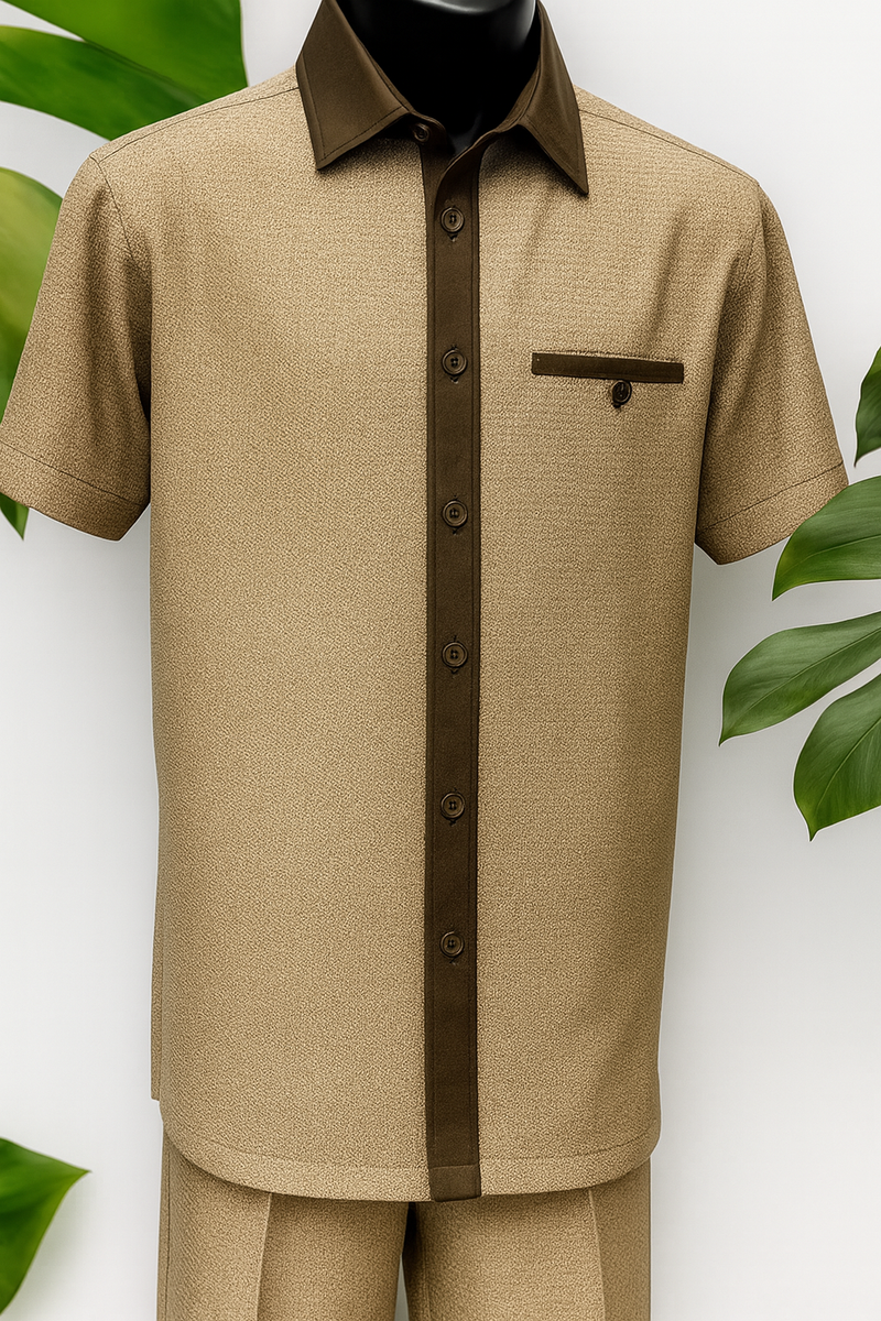 Men's brown houndstooth walking suit. Short-sleeved shirt with structured collar, dark button placket, and patch pocket. Woven texture with tan & brown houndstooth pattern.
