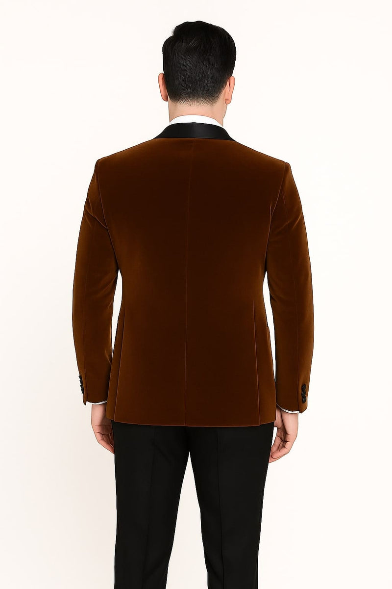 Mens Brown Velvet Tuxedo with Black Satin Shawl Lapel One Button Formal Suit Jacket