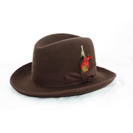 Men's brown homburg hat crafted from 100% wool. It features a rounded crown, flat brim, and decorative band with a colorful feather accent.