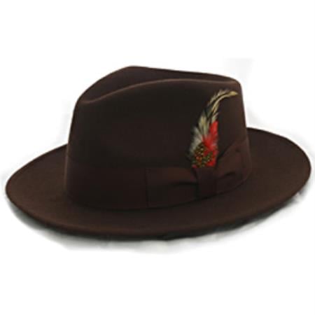 Men's brown wool fedora hat with a structured, wide brim and high crown. Includes a dark brown band with a red and cream feather detail.