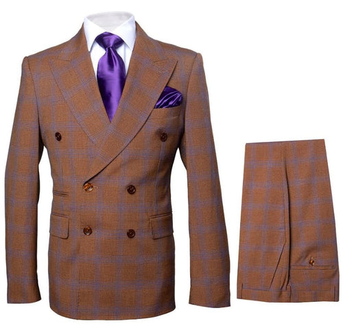 Vintage Suit - Rossiman Suit - Brown and Blue Mix Windowpane Suit - Glen Plaid Suit