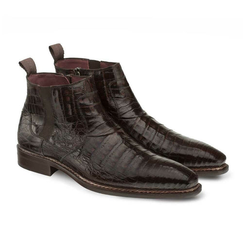 Mezlan Blackmore men's ankle boots in brown crocodile leather. Pointed toe, elastic side panels, and a smooth leather sole. Sleek and stylish design.