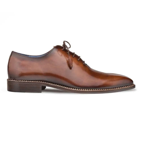 Mezlan men's brown calfskin plain toe shoe. Sleek pointed-toe silhouette, smooth leather upper, and lace-up closure. Features a sturdy brown leather sole with stitched edge.