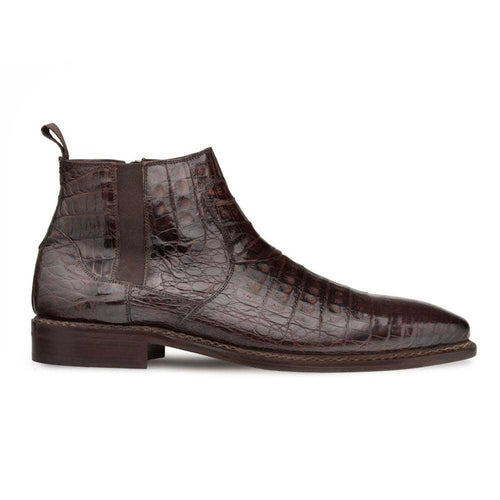 Mezlan Blackmore boot: Brown crocodile leather, pointed toe, narrow silhouette. Elastic side panels for fit, low stacked heel. Streamlined design, no embellishments.