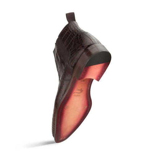 Mezlan Blackmore men's boot in rich brown crocodile leather with plain toe. Features textured surface, low heel, red outsole & pull tab for easy wear.