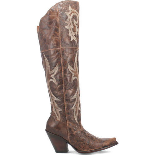 Dan Post Men's brown Jilted 20 snip-toe over-the-knee boot. Distressed brown leather, tall shaft, textured finish, decorative stitching. Snip toe, stacked heel. Fitted, tapered silhouette.