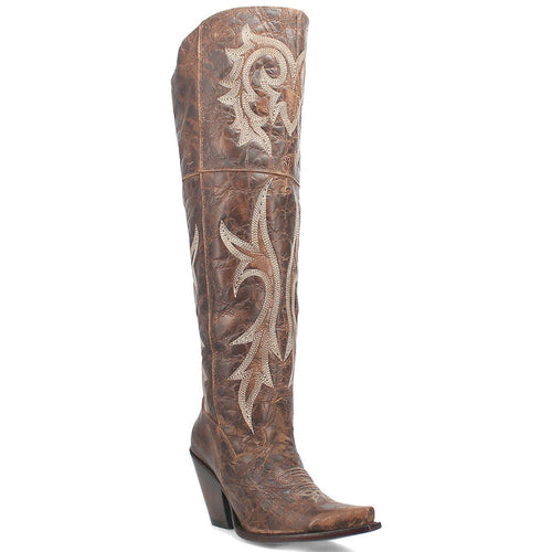 Dan Post Men's Brown Jilted 20 Over-the-Knee boot. Brown, textured leather with floral embroidery. Snip toe, moderately raised heel, smooth outsole.