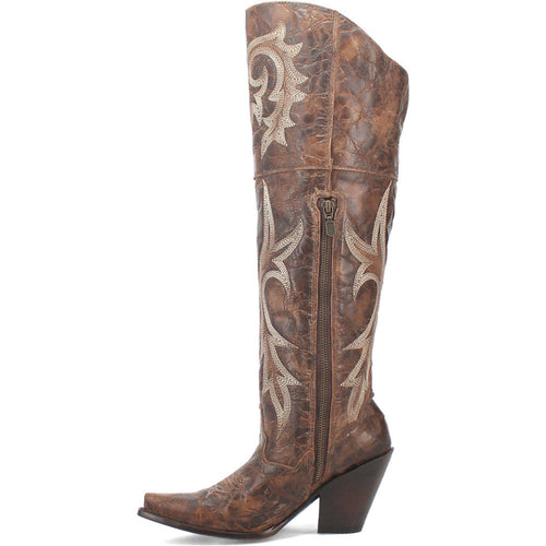 Dan Post Men's Brown Jilted 20 Over the Knee Boot. Rich brown, distressed leather with embroidered shaft, snip toe, side zipper, and angled block heel.