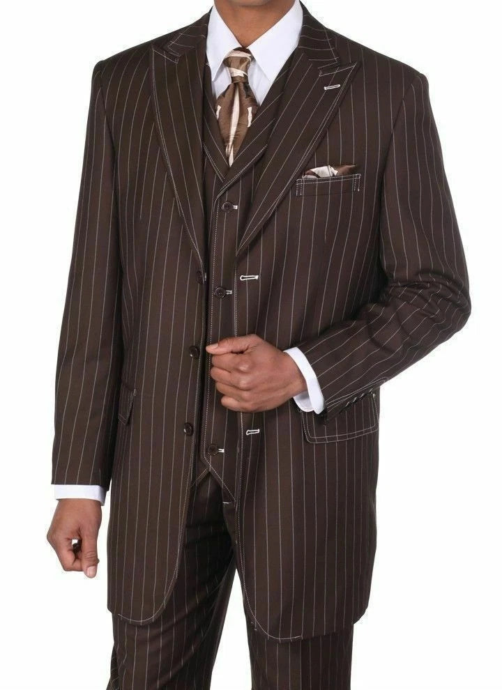 Alberto Nardoni men's brown pinstripe 3-piece suit. Fitted jacket with notched lapel, matching vest, and flat-front trousers. Vertical pinstripes on a smooth, brown fabric, ideal for formal wear.