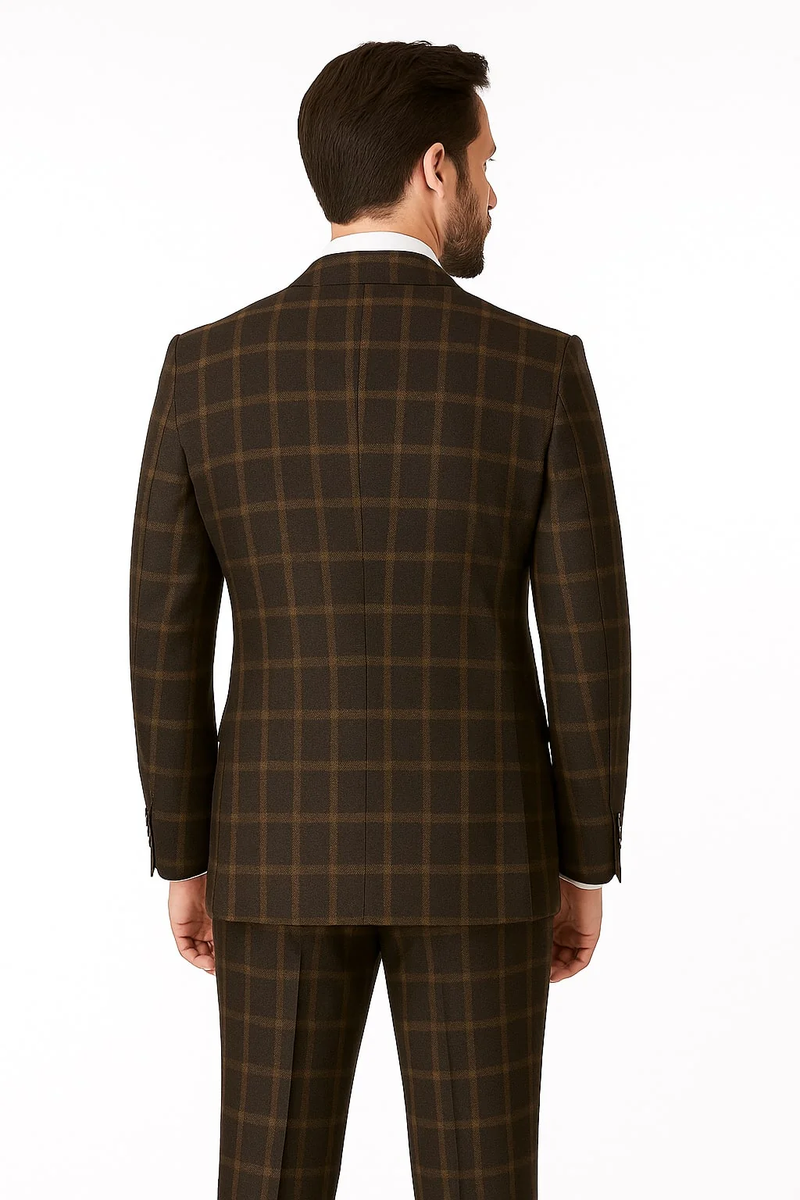 Brown plaid wool double-breasted men's suit. Structured silhouette with classic double-breasted front and grid pattern. Features back vent, tailored sleeves, and clean finish.
