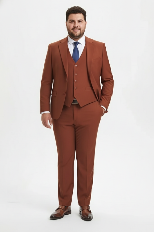 Men's rust brown three-piece suit. Tailored jacket with notched lapels, button vest, and fitted trousers. Smooth, structured fabric enhances the silhouette.