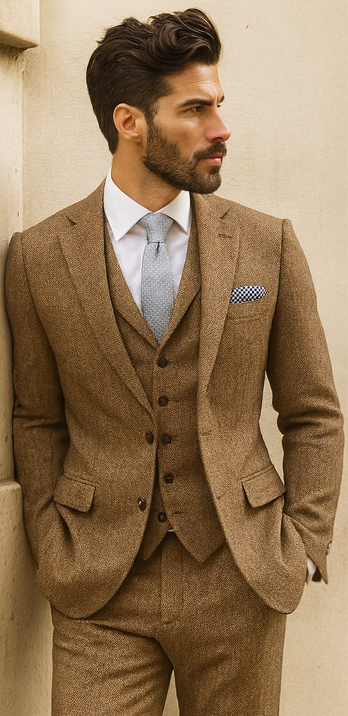 Brown Tweed Suit - Vintage Glasgow Brown Tweed Fabric - Two Button Jacket Style