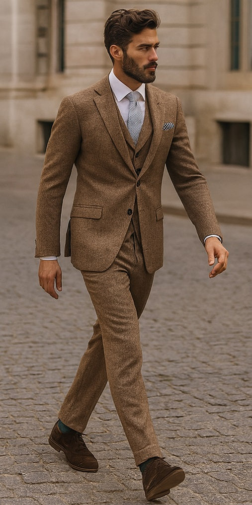Brown Tweed Suit - Vintage Glasgow Brown Tweed Fabric - Two Button Jacket Style