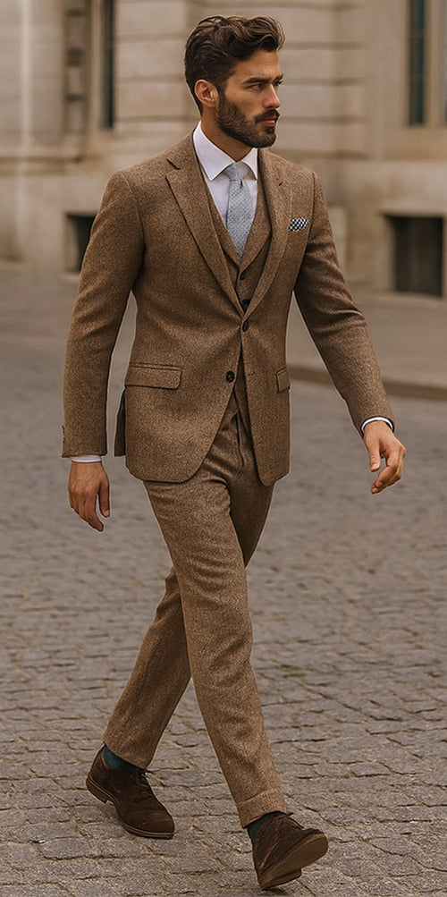 Brown Tweed Suit - Vintage Glasgow Brown Tweed Fabric - Two Button Jacket Style