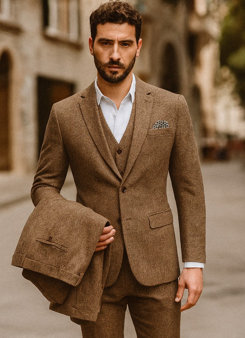 Brown Tweed Suit - Vintage Glasgow Brown Tweed Fabric - Two Button Jacket Style