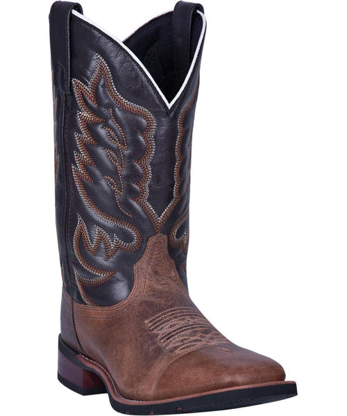 Laredo Men's Montana boot: Tall, dark brown leather shaft with decorative stitching and a lighter brown vamp. Pointed toe, stacked heel, and V-cut opening. Durable hard rubber sole.
