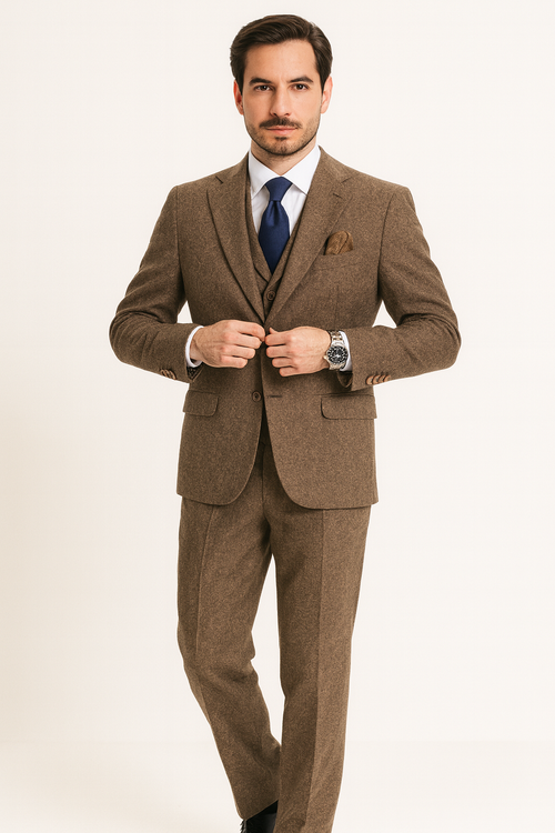 Tweed Suit 1920s Vintage Looking Fabric Vested Brown Herringbone Fabric Suit