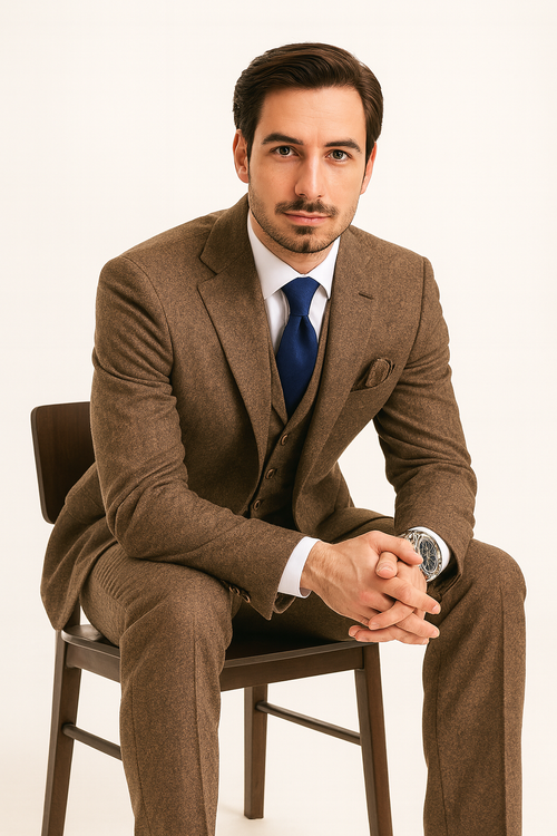 Tweed Suit 1920s Vintage Looking Fabric Vested Brown Herringbone Fabric Suit