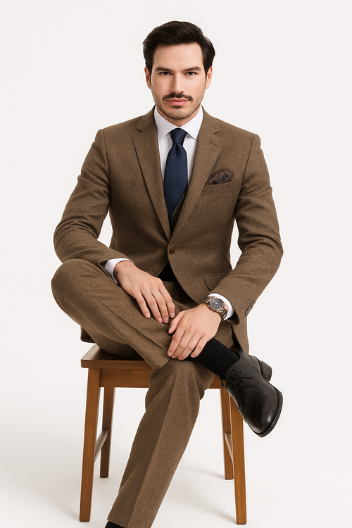 Tweed Suit 1920s Vintage Looking Fabric Vested Brown Herringbone Fabric Suit