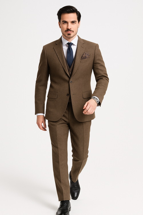 Tweed Suit 1920s Vintage Looking Fabric Vested Brown Herringbone Fabric Suit