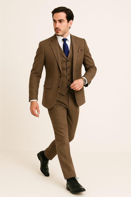 Tweed Suit 1920s Vintage Looking Fabric Vested Brown Herringbone Fabric Suit