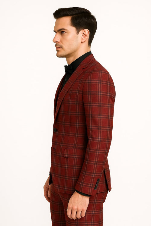 Alberto Nardoni men's burgundy plaid three-piece suit. Tailored fit with structured blazer (notched lapels, single-button), matching trousers, and vest. Smooth fabric, prominent burgundy plaid.