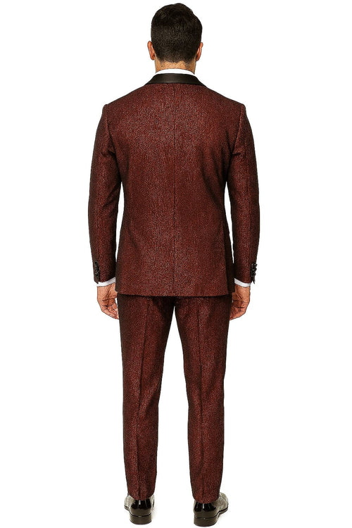 Men's burgundy tuxedo jacket with shiny vertical stripes. Structured design, classic lapel, textured fabric. Features two back vents for a tailored fit and ease of movement.