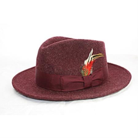 Burgundy wool fedora with a rounded crown, tapered top, and wide brim. Includes a feather accent and a bow band around the base.
