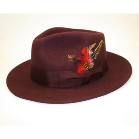 Burgundy wool fedora for men. Classic shape, wide brim, and feather accent. Stylish and warm, perfect for adding a touch of sophistication.