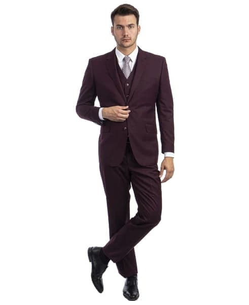 Burgundy Wool Modern Fit 3 Piece 2 Button Suit