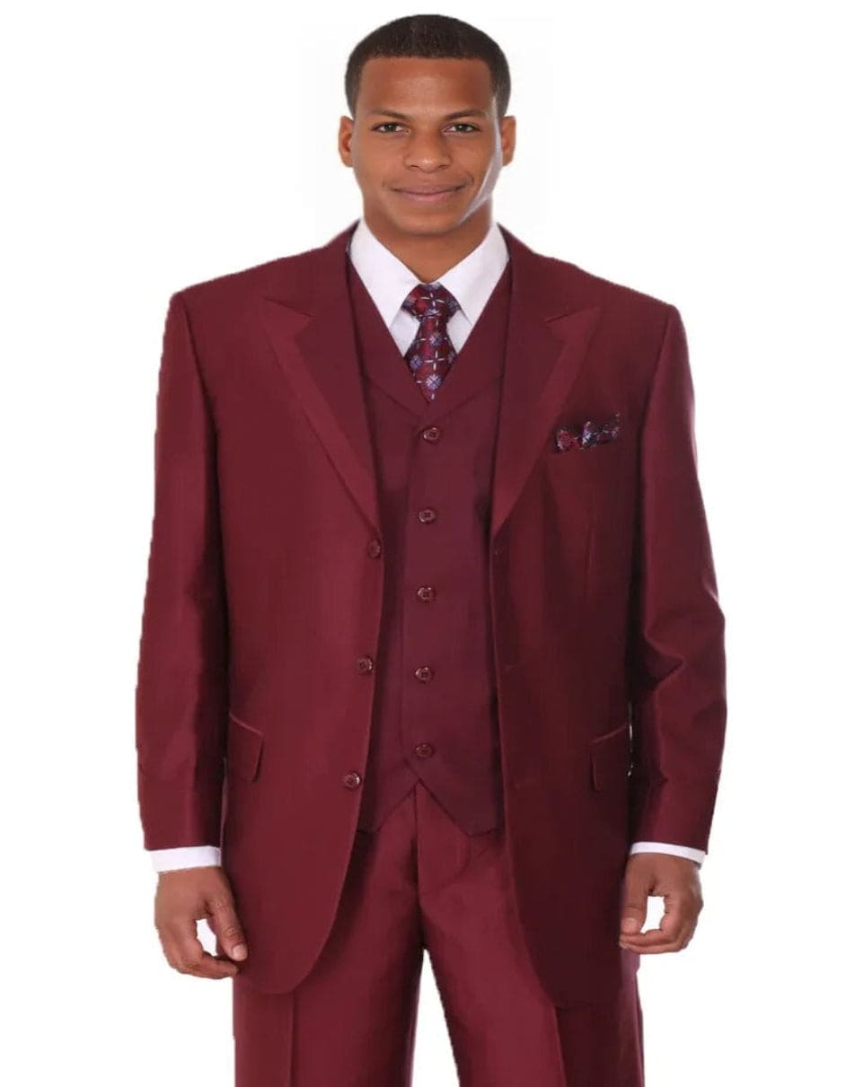 Men's  Sharkskin Burgundy ~ Wine ~ Maroon Suit vested Cheap Priced Business Suits main image 1