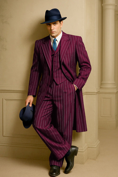 Men's burgundy pinstripe suit. Classic long coat with white stripes, matching vest and pants. Fitted silhouette.