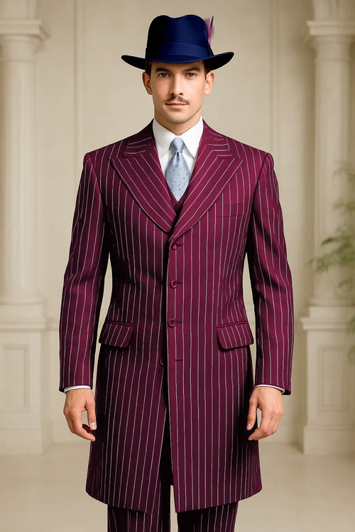 Men's burgundy pinstripe suit. Classic long coat style with white stripes. Wide lapels, fitted silhouette, and two front pockets. A timeless and stylish look.