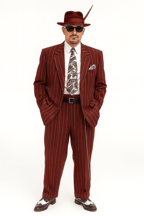Burgundy Pinstripe Zoot Suit – 3 Piece 1920s/1930s Gangster Outfit (Jacket and Pants and Vest) Vintage Fashion