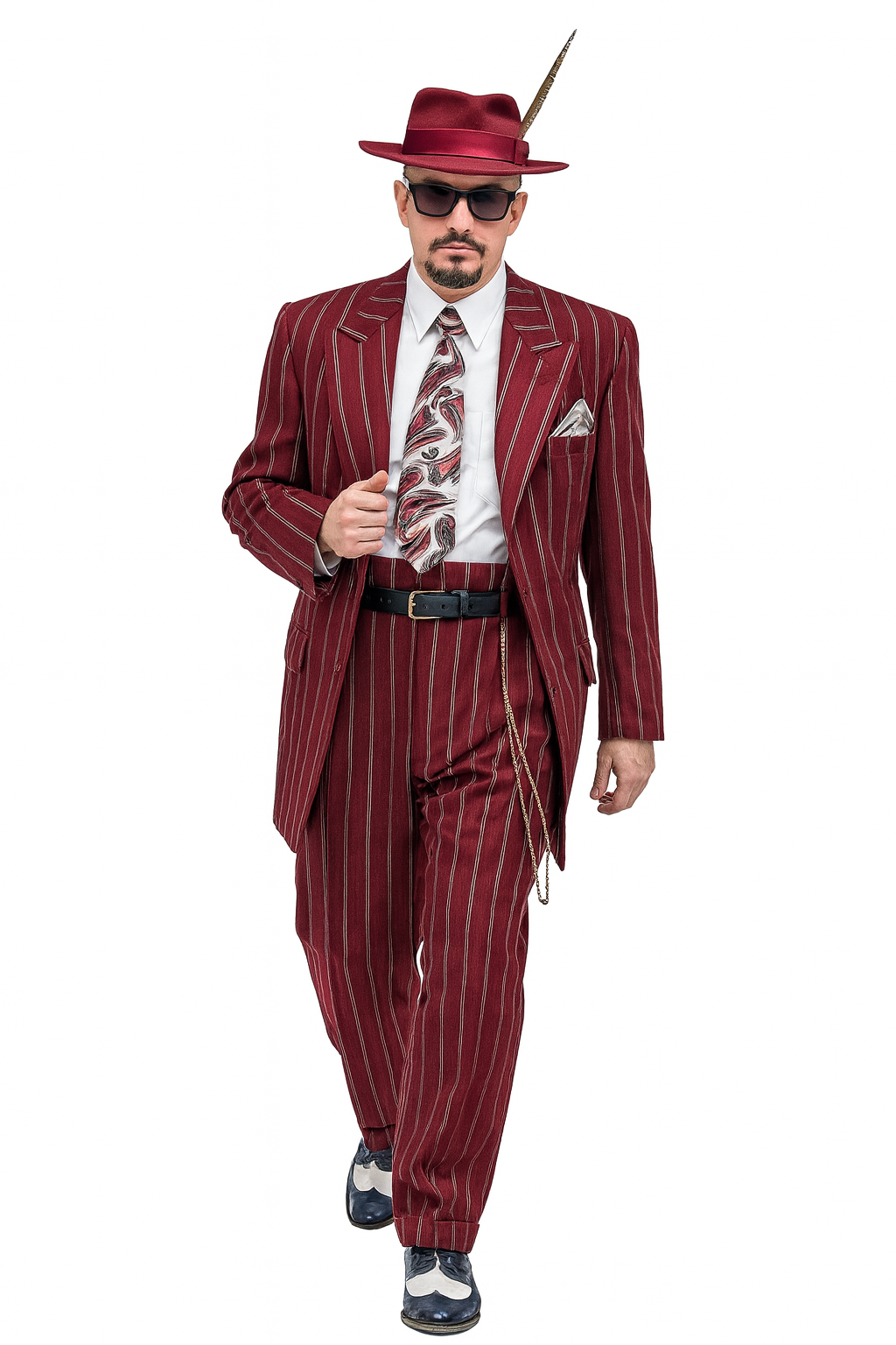 Burgundy Pinstripe Zoot Suit – 3 Piece 1920s/1930s Gangster Outfit (Jacket and Pants and Vest) Vintage Fashion