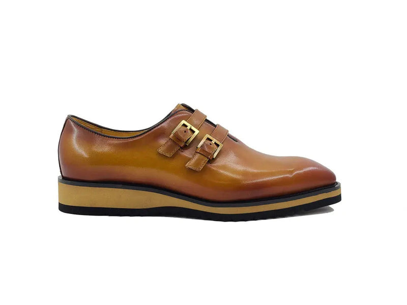 Carrucci Burnished Leather Double Monk Strap Whole Cut Shoe