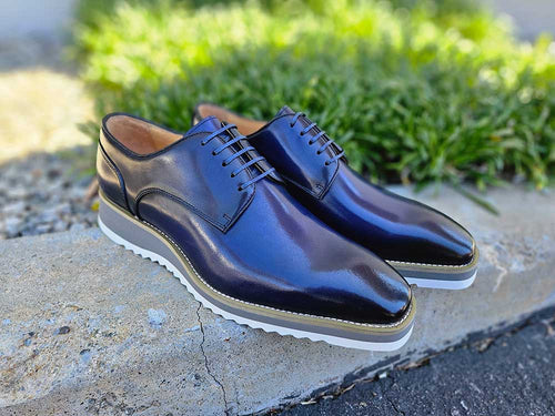 Mens Burnished Leather Lace-Up Derby Shoes