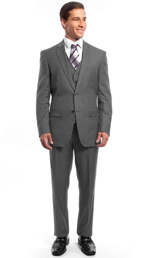 Mens Grey Pinstripe Suit Vested Business Suit in Light Grey - Gray Pinstripe Suit