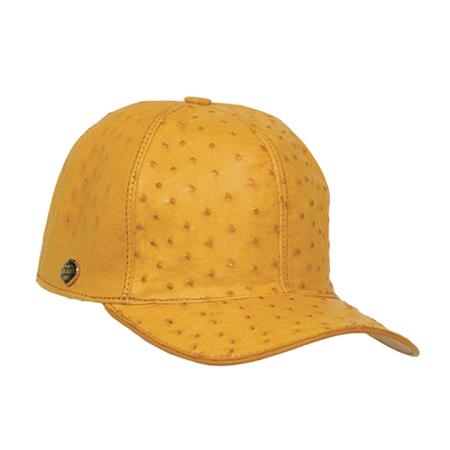 Men'sUSA baseball cap in buttercup yellow ostrich leather. Rounded crown, curved visor, and textured material. Distinctive ostrich leather appearance. Features a side emblem.