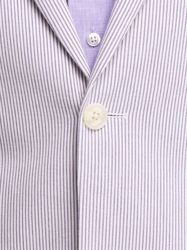 Men's lavender seersucker blazer. Vertical purple & white stripes, single-button closure. Lightweight cotton fabric.