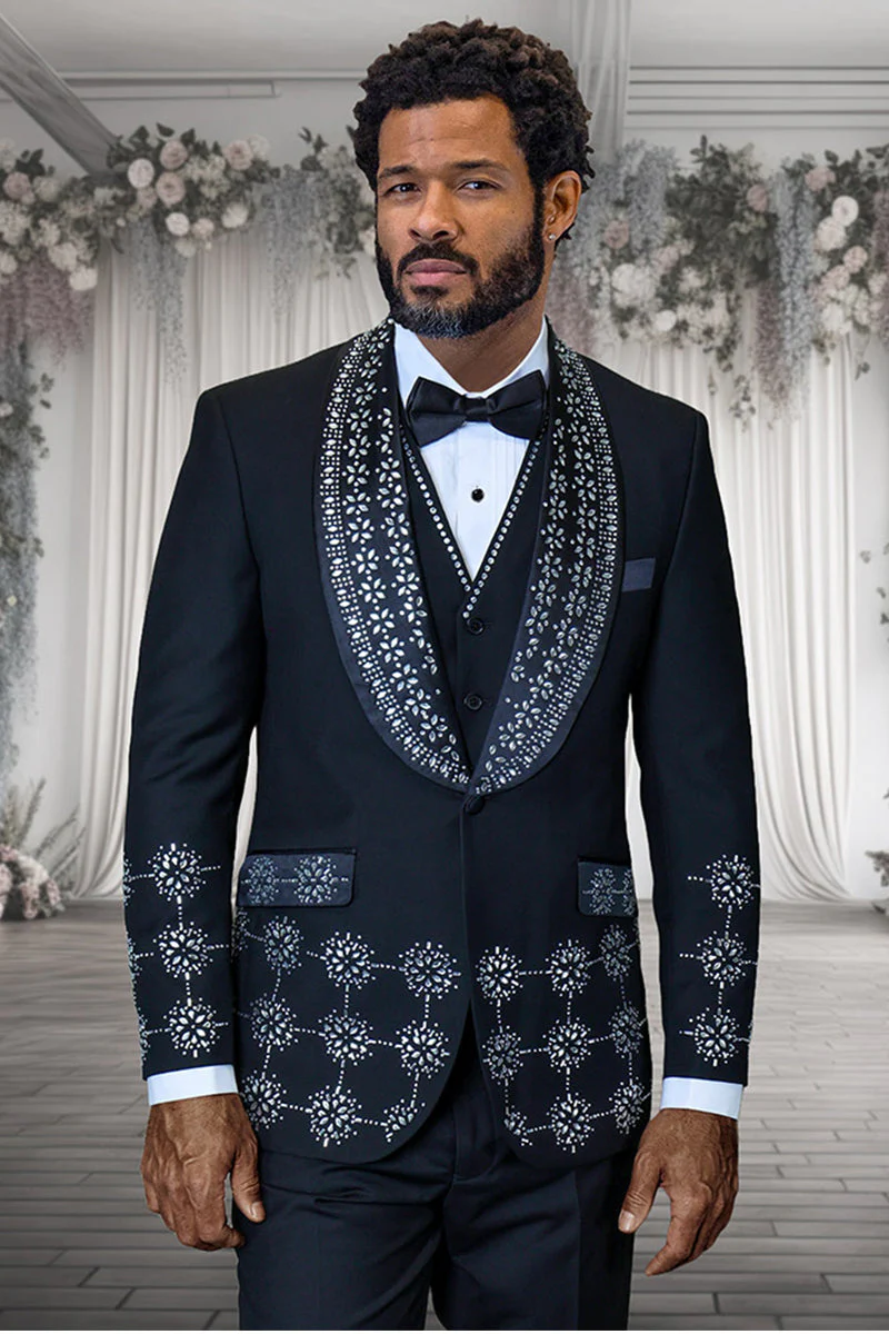 Mens Designer Floral Rhinestone Prom and Wedding Tuxedo in Black and White
