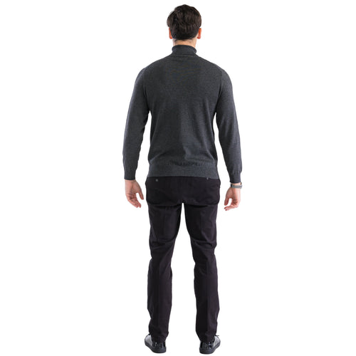 Men's charcoal gray turtleneck sweater. Fitted, long-sleeved, and high-necked. Knit fabric with ribbed hem/cuffs for structure. Solid charcoal color.