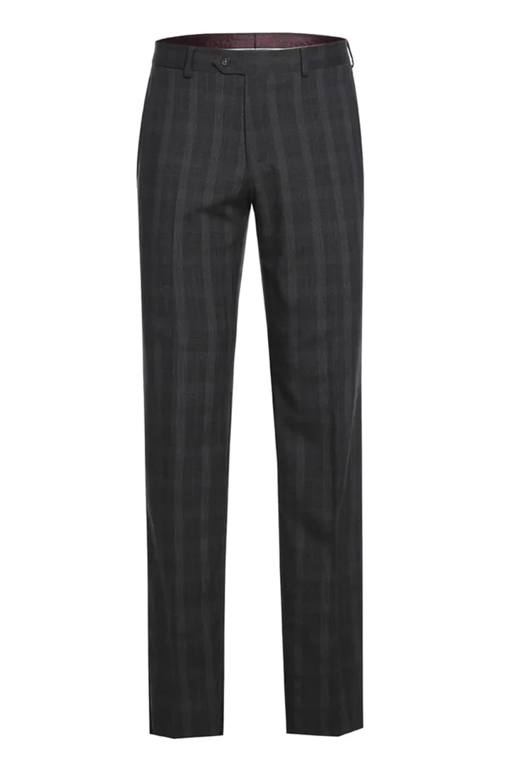 Mens Plaid Suit - Patterned Business Suit - Mens Designer Two Button Slim Fit Notch Lapel Suit In Dark Charcoal Grey Windowpane Plaid