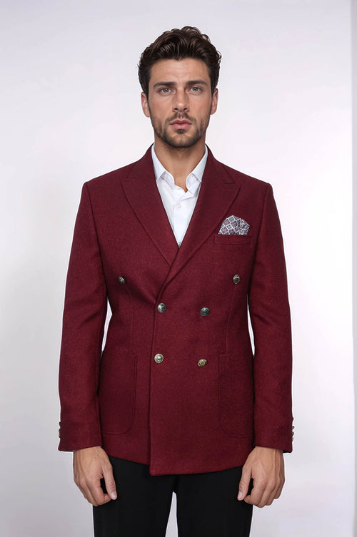 Men's burgundy slim-fit blazer. Double-breasted with textured finish, structured lapels, long sleeves, and two front pockets. Stylish and sharp design.