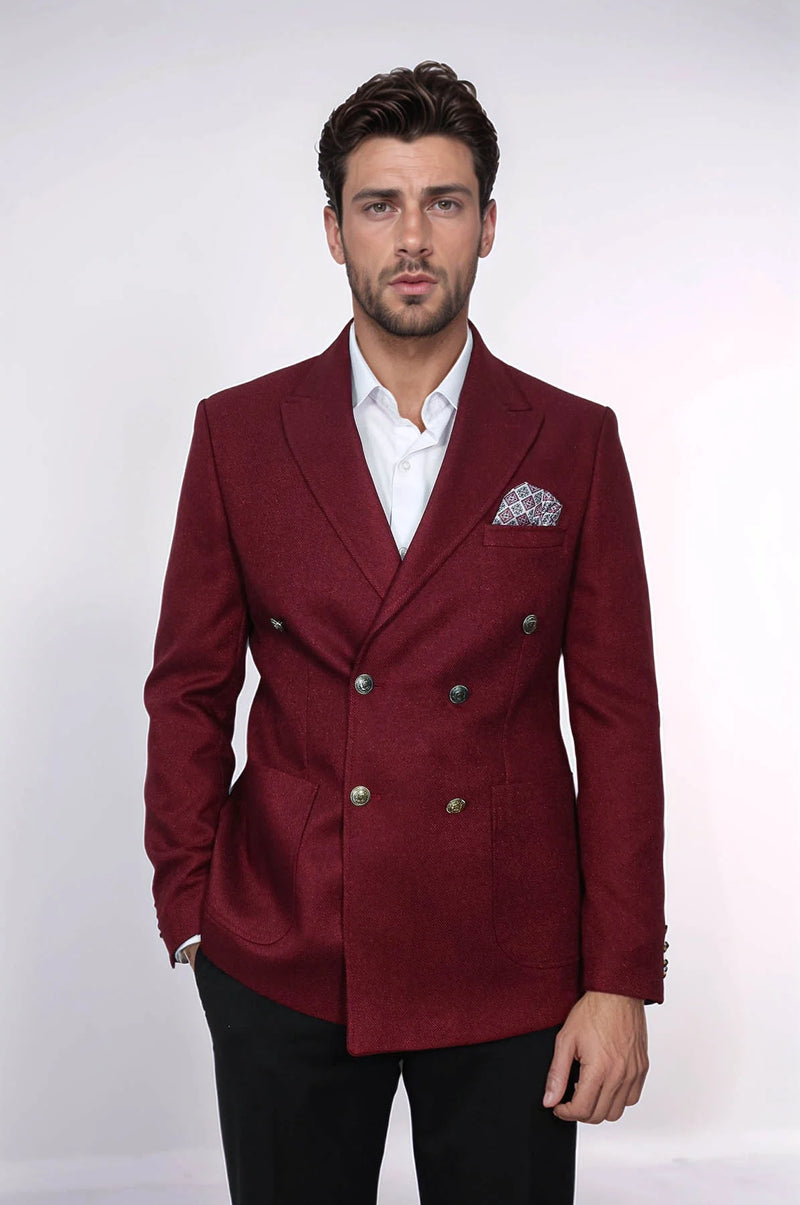 Men's burgundy slim-fit blazer with double-breasted design. Gold buttons, textured fabric, and two front pockets. A sharp, stylish look.